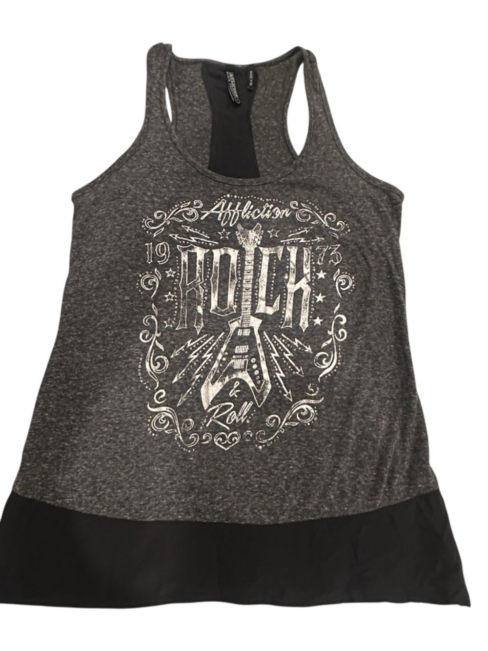 Affliction Charcoal Gray Racerback Tank with White Rock Graphic